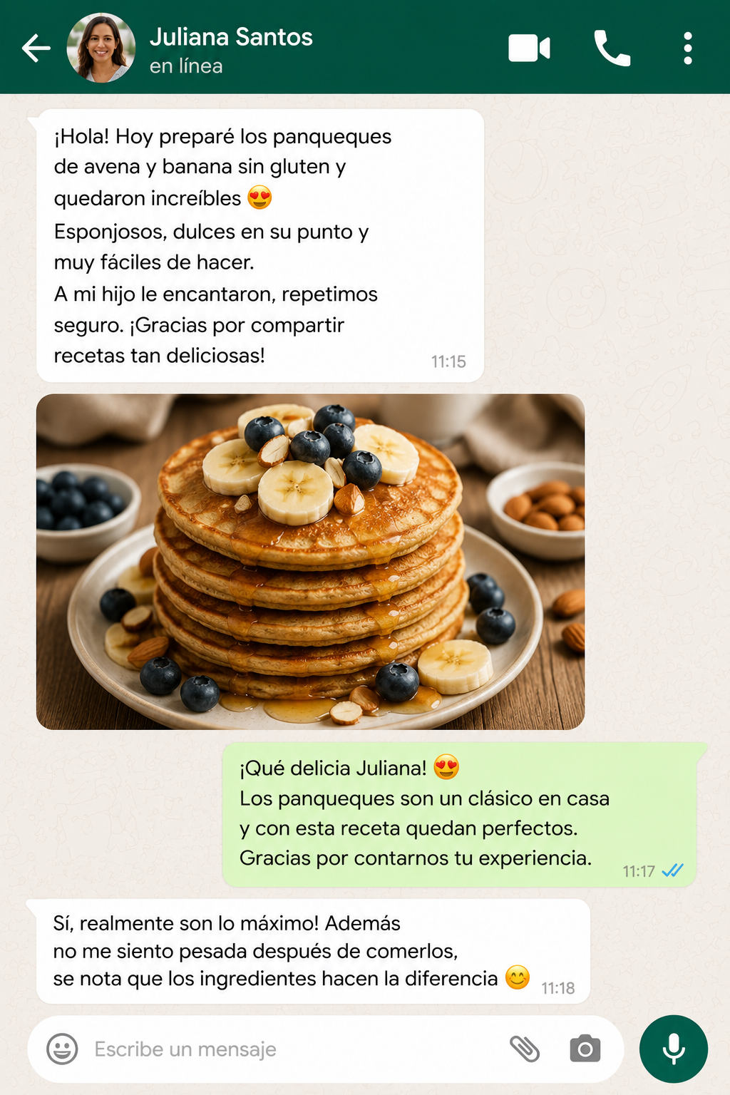 Conversación sobre panqueques de avena y banana