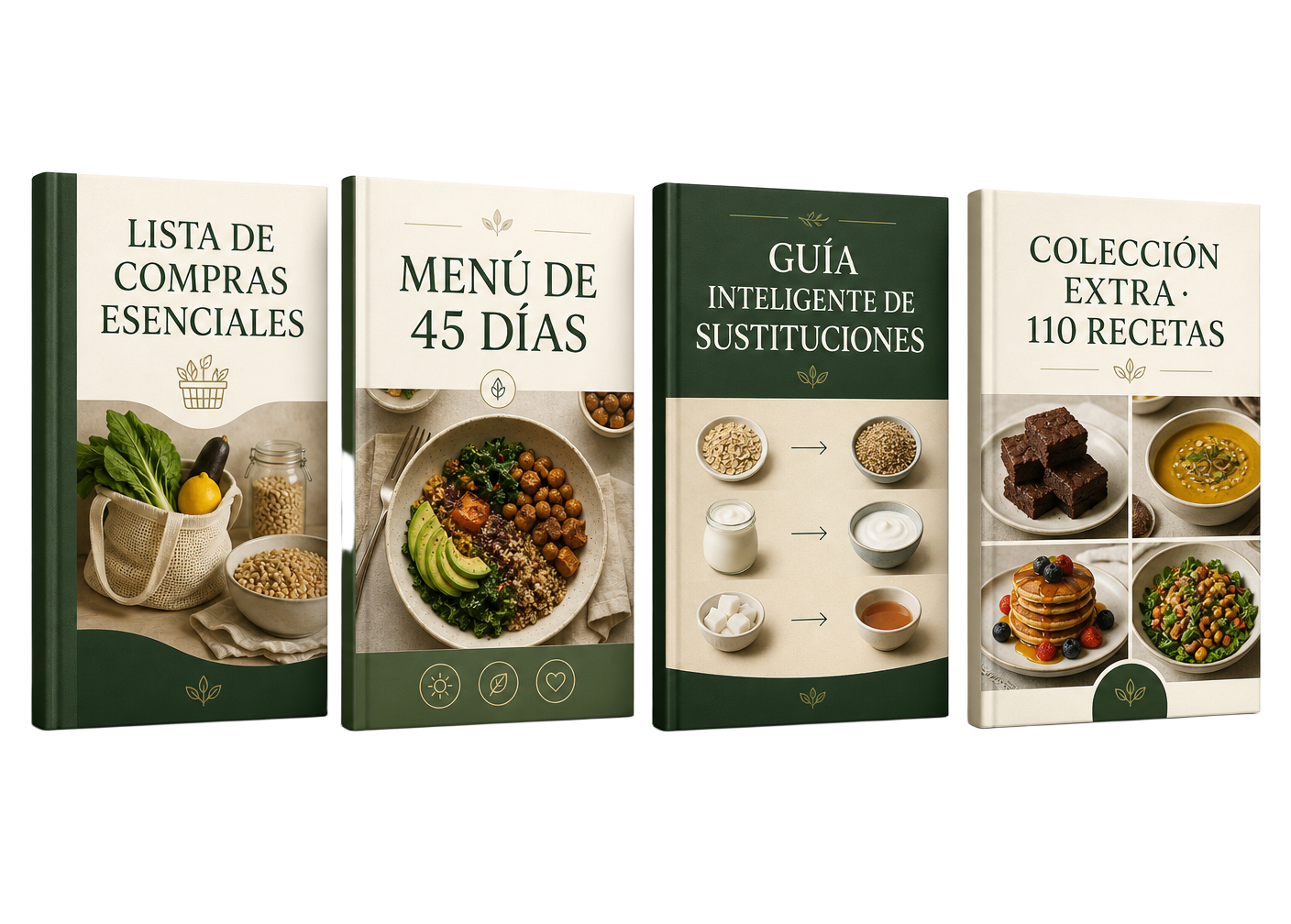 Mockups de las cuatro bonificaciones digitales incluidas en la oferta completa